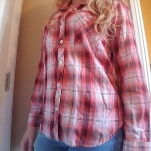 Faded Glory Plaid Pink Button-Up Shirt - Large